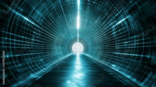 Fototapeta Naklejka Na Ścianę i Meble -  Realistic 3d wireframe tunnel with perspective grid background for enhanced visual depth