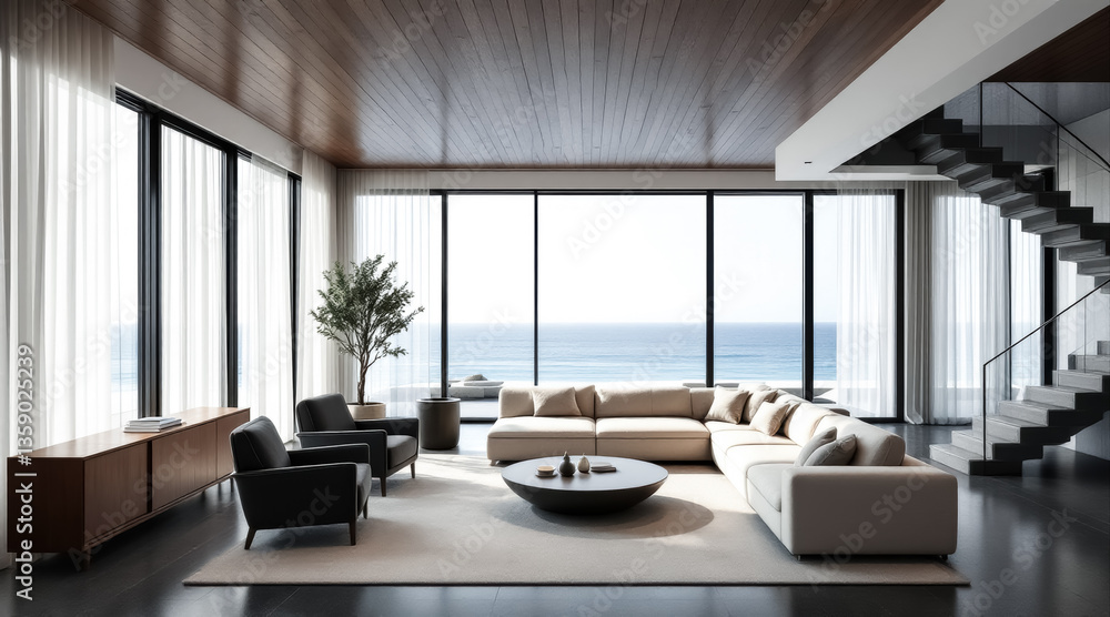 Fototapeta premium modern living room with ocean view and comfortable seating
