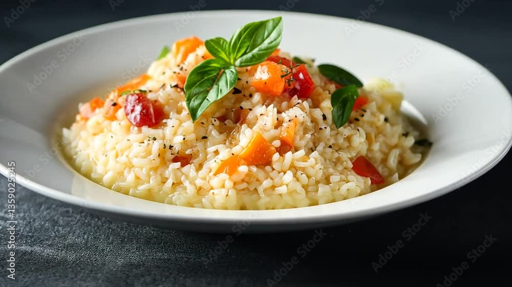 A visually appealing plate of fresh risotto, garnished with basil, ready to eat. A visually appealing plate of fresh risotto, garnished with basil, ready to eat.