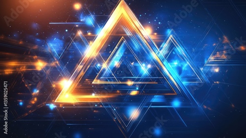 Abstract geometric composition with glowing triangles and vibrant lights on dark blue background