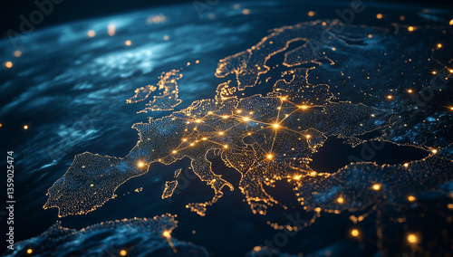 NIS2 EU Cybersecurity Directive Concept, Global Network Connections Illuminated Europe Digital Map