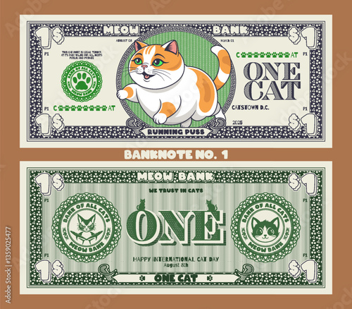 Vector obverse and reverse of feline banknote, denomination of one cat. Cartoon chubby running jumping puss. Graphic seals meow bank. International Cat Day. No. 1