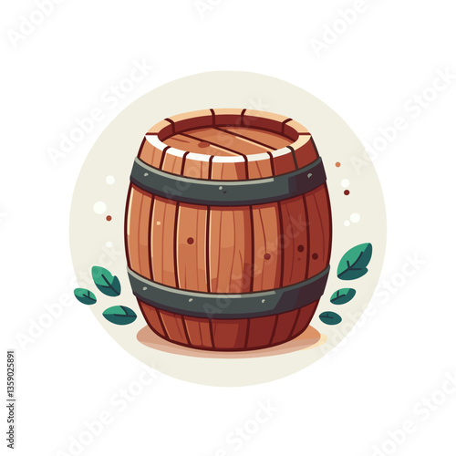 Wooden barrel with leaf decoration in circle frame. Ideal for brewery, winery, and traditional craft marketing materials.