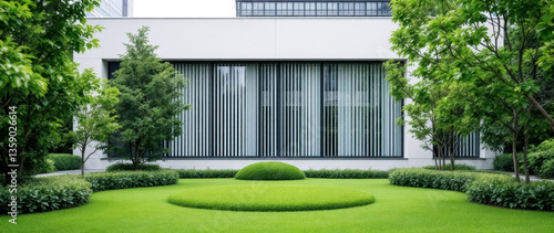 modern building with a landscaped featuring lush green grass and neatly trimmed hedges