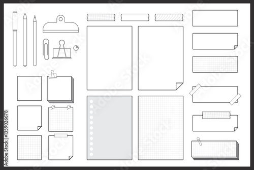 Stationery back to school hand drawn flat illustration elements set collection. Office school supplies, stationery, note, tape, pen, paper. For scrapbooking, graphic, infographic, banner