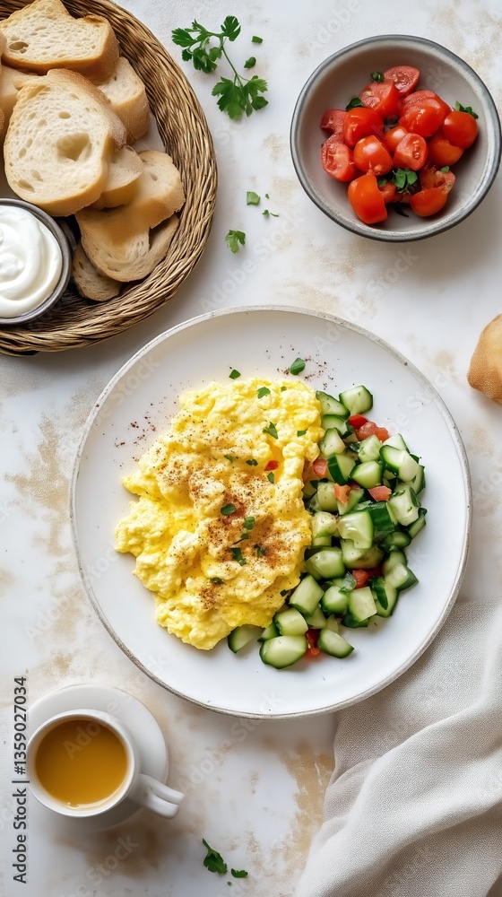 Delicious breakfast featuring scrambled eggs, fresh cucumber salad, bread, and a cup of juice on a light background. Delicious breakfast featuring scrambled eggs, fresh cucumber salad, bread, and a cup of juice on a light background.