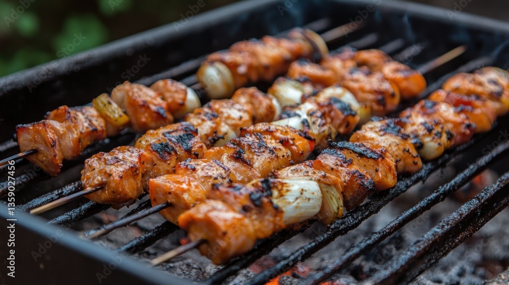 Grilled skewers cooking on barbecue Grilled skewers cooking on barbecue