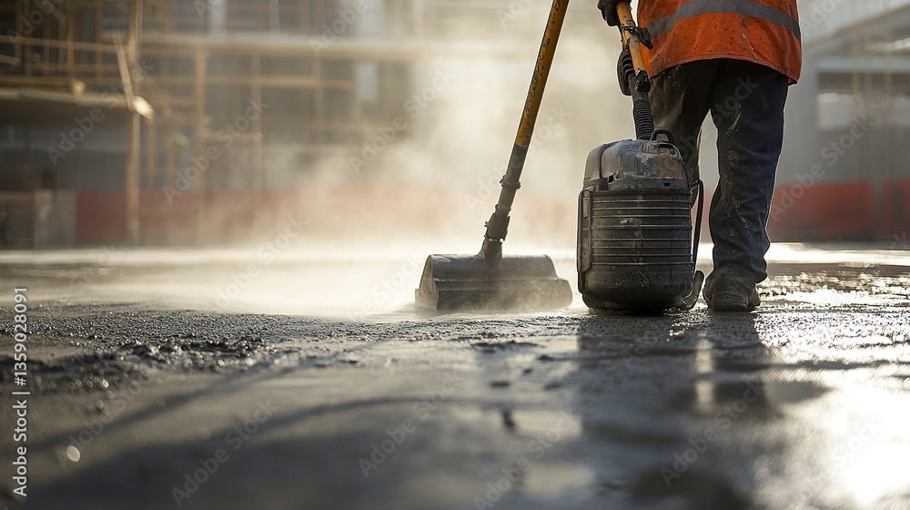 An industrial vacuum in action on a construction site, operated by a worker in protective gear, removing dust from a freshly poured concrete surface.