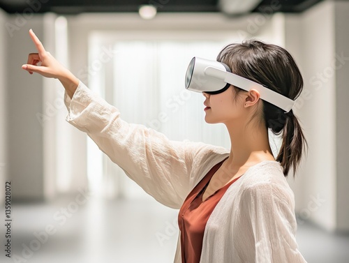Asian woman wearing VR headset in a modern space.