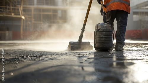 Obraz na płótnie An industrial vacuum in action on a construction site, operated by a worker in protective gear, removing dust from a freshly poured concrete surface. w salonie