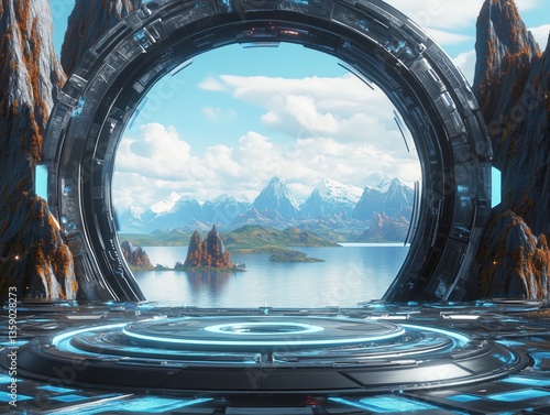 Futuristic portal overlooking breathtaking alien landscapes.