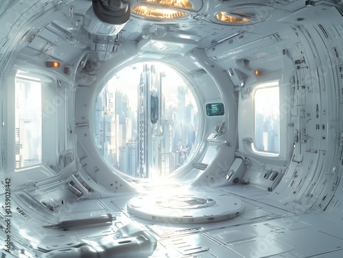 Futuristic space station with cityscape view through round window.