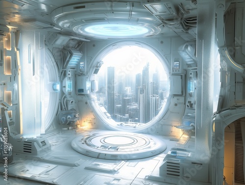 Sci-fi spaceship chamber featuring cutting-edge AI-powered interfaces.