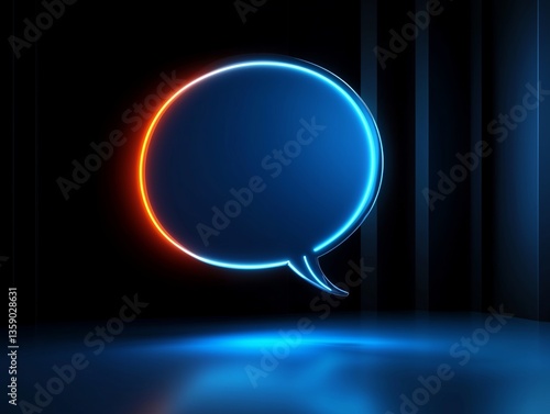 Neon-style speech bubble with blue and orange glowing edges.
