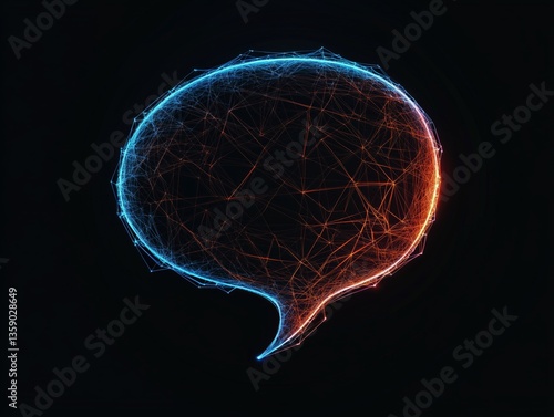 Futuristic digital speech bubble with glowing network lines.