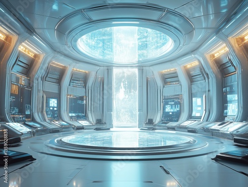 Futuristic sci-fi control room with glowing holographic interface.