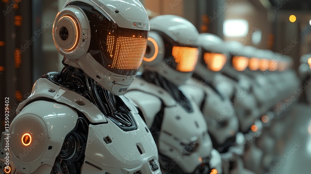 Fototapeta premium Row of futuristic robots in a factory.