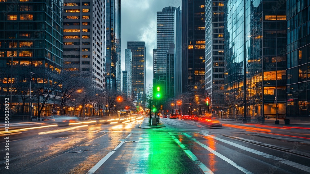 Naklejka premium Bright green light shining in the foreground with corporate towers and active city streets defining the business district scene. 