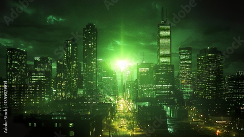 Bright green light shining in the foreground with corporate towers and active city streets defining the business district scene. 