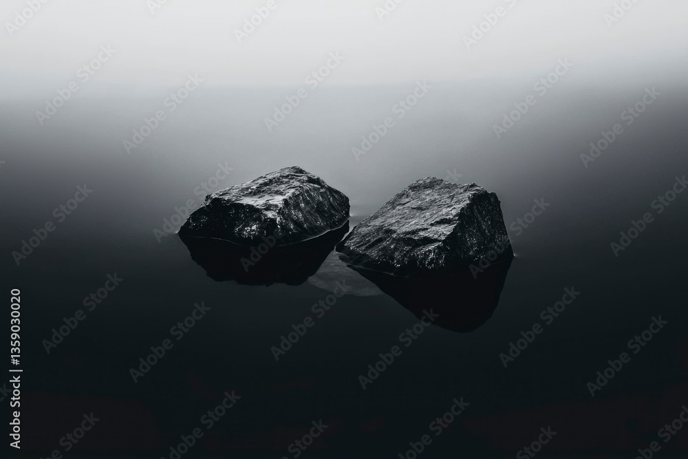 Naklejka premium Stones sit calmly in dark lake, creating ripples. Serene nature background