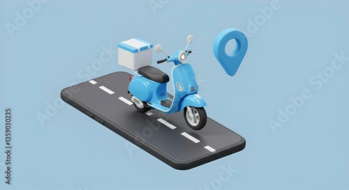 3D Blue Scooter Delivery on Phone with Location Pin: Fast Food & Package Courier Service, Modern Transportation Concept, Isometric Render