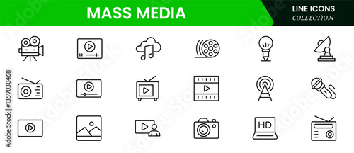 Mass media and journalism. TV show, program, news, report, video, and interview. Outline icon collection.