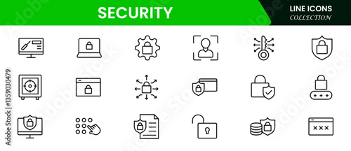 Security web icons in line style. Guard, cyber security, password, smart home, safety, data protection, key, shield, lock, unlock, eye access. Vector illustration.