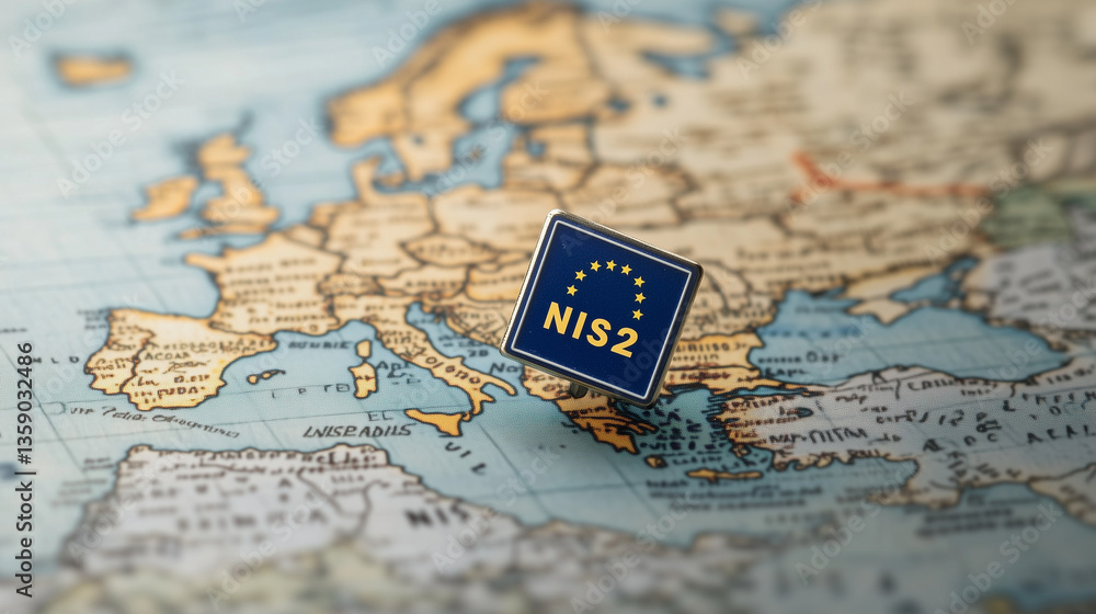 Naklejka premium NIS2 EU Cybersecurity Directive Concept, NIS2 Directive European Union Cybersecurity Regulation on Map
