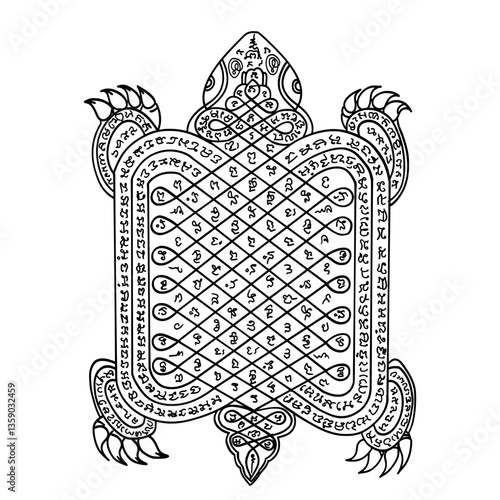 Thai traditional tattoo. Turtle Yantra. Thai text translation: protective or lucky charm aspect