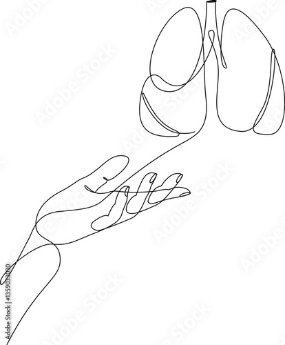 Hand holding lungs continuous one line drawing. Single line organ donation day concept. Vector illustration.