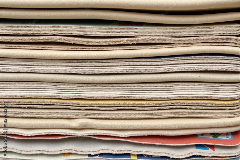 A Close-Up View of Layered, Folded Paper Stacks in Various Colors and Textures, Showcasing the Artistic Patterns and Designs from Above A Close-Up View of Layered, Folded Paper Stacks in Various Colors and Textures, Showcasing the Artistic Patterns and Designs from Above
