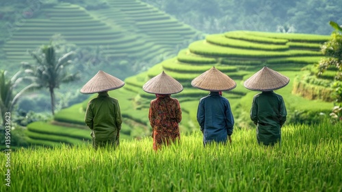 Farmers on terraced rice paddies
