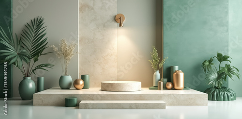 Wallpaper Mural minimalist product display with plants and gold accents Torontodigital.ca