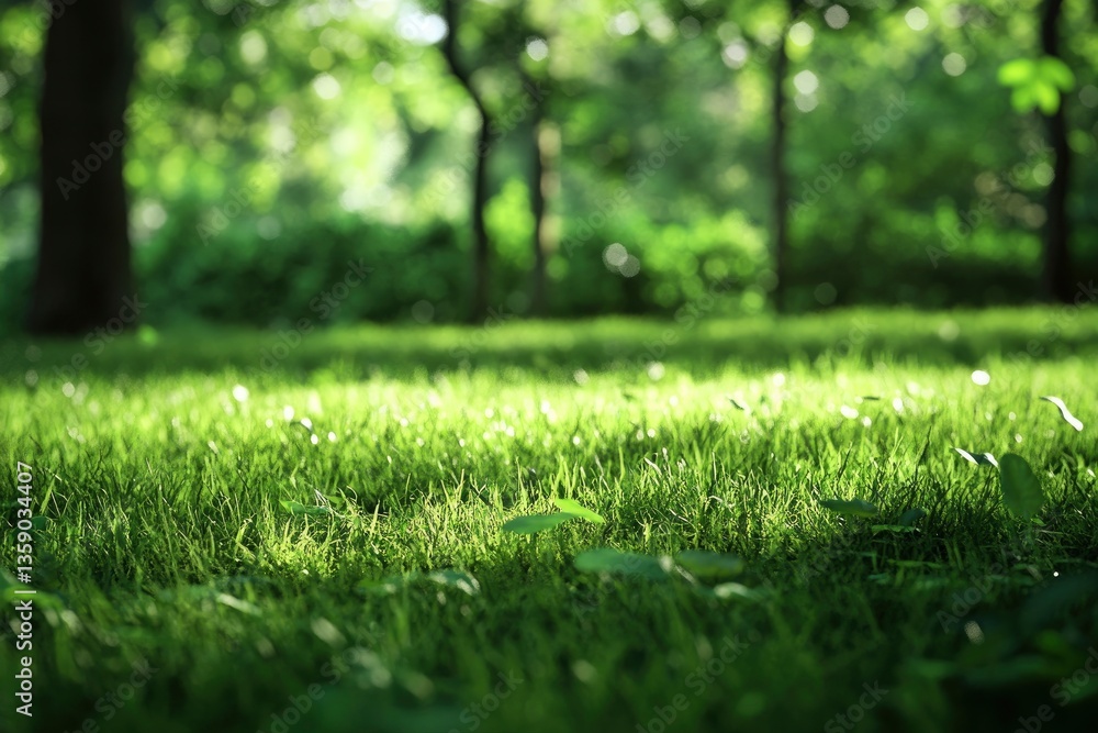 Lush Green Grass Field with Sunlight Streaming Through Trees Backdrop Lush Green Grass Field with Sunlight Streaming Through Trees Backdrop