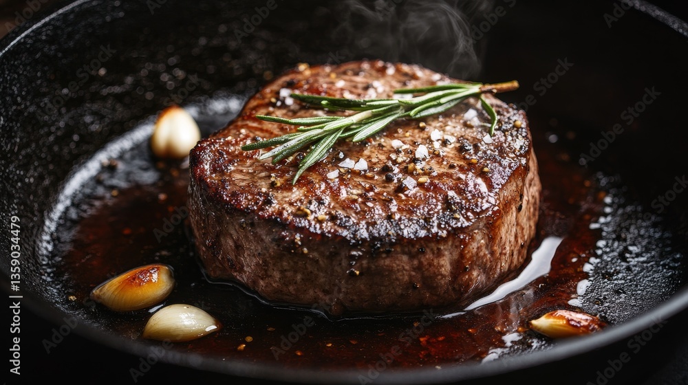A juicy, seared steak garnished with rosemary and garlic, showcasing a delicious and savory culinary presentation in a black skillet. A juicy, seared steak garnished with rosemary and garlic, showcasing a delicious and savory culinary presentation in a black skillet.