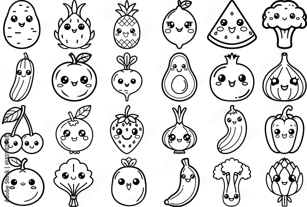 Set of Cute Cartoon Fruits and Vegetables  Element Doodle Line. Freehand drawing fruits and vegetables , icon, sticker, coloring book for kids. Vector illustration