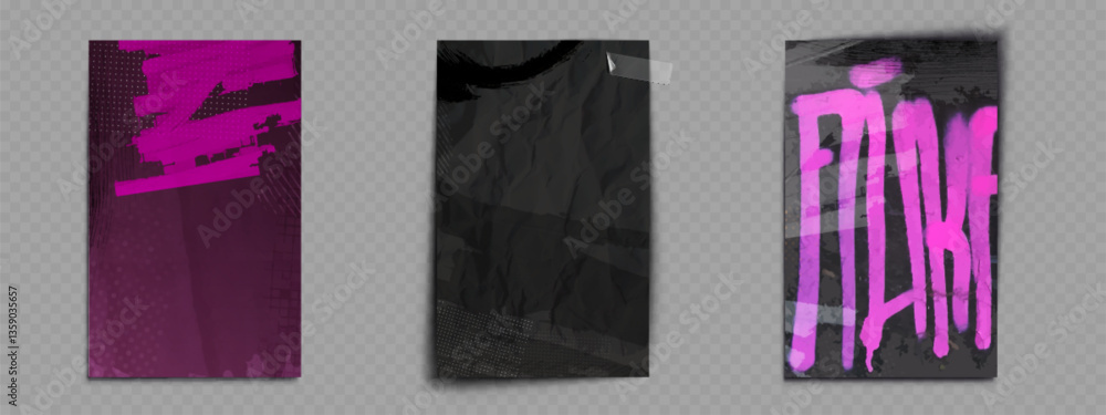 Fototapeta premium Punk grunge posters with halftone elements on transparent backdrop. Magenta paint strokes, black crumpled texture, pink dripping letters. Urban aesthetic with distressed surfaces, dot patterns.