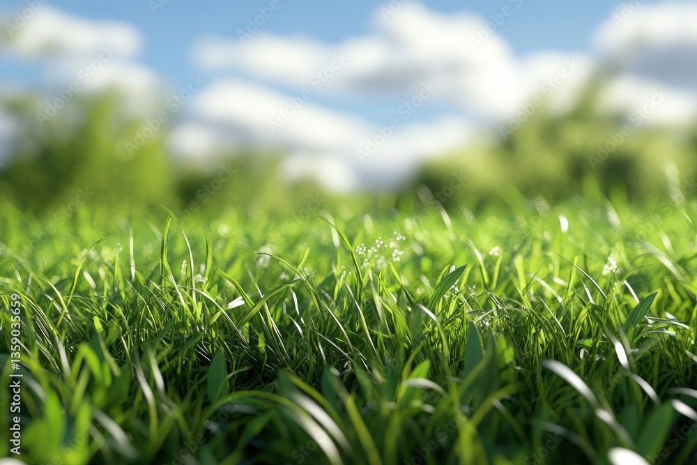 Fototapeta premium Close Up Green Grass with White Flowers Under Blue Sky Scenery