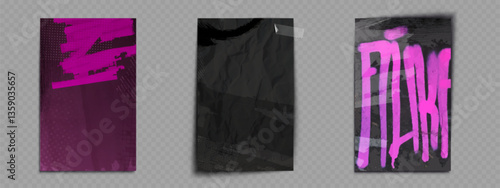 Punk grunge posters with halftone elements on transparent backdrop. Magenta paint strokes, black crumpled texture, pink dripping letters. Urban aesthetic with distressed surfaces, dot patterns.