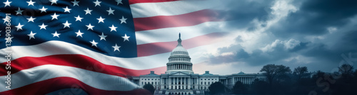 american flag and united states capitol building under a dramatic sky