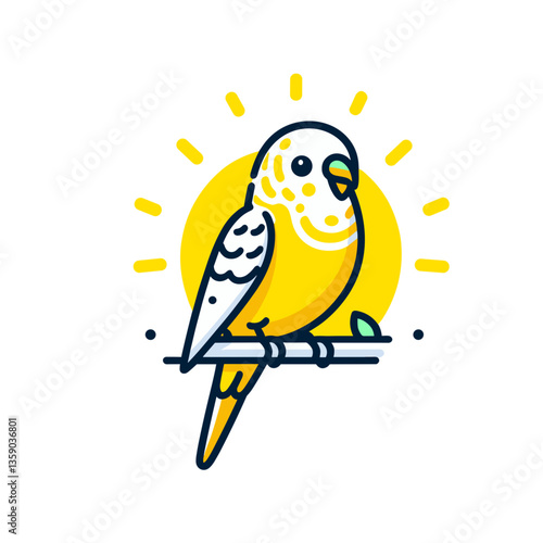Bright yellow budgie cartoon with sunshine background, cheerful design. Perfect for pet bird care guides and aviary educational content.