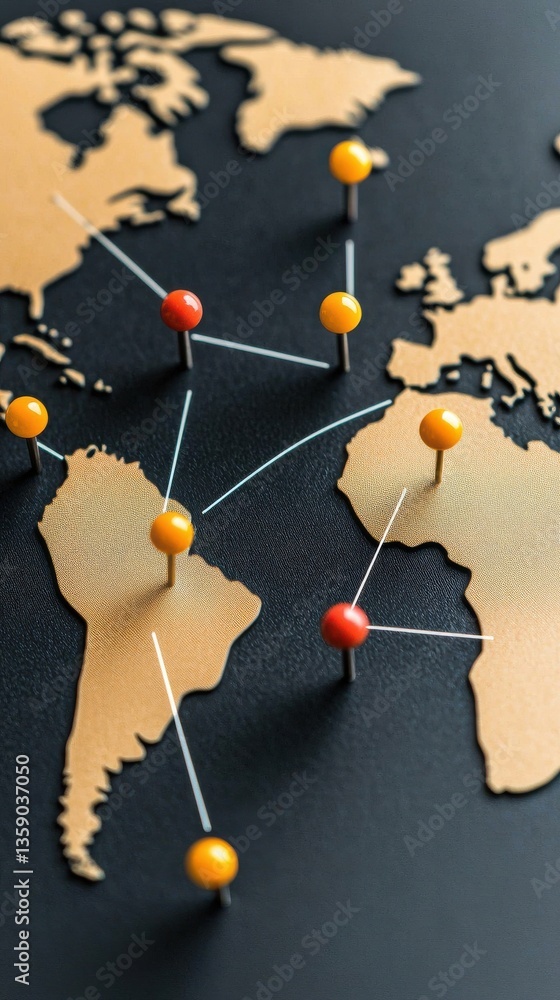 Global Connection Concept with Map and Push Pins for Travel or Business Global Connection Concept with Map and Push Pins for Travel or Business