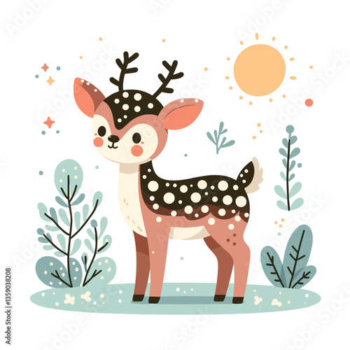 Spotted fawn with antlers in forest setting with sun and foliage. Perfect for children's books, nursery decor, or seasonal holiday greeting cards.