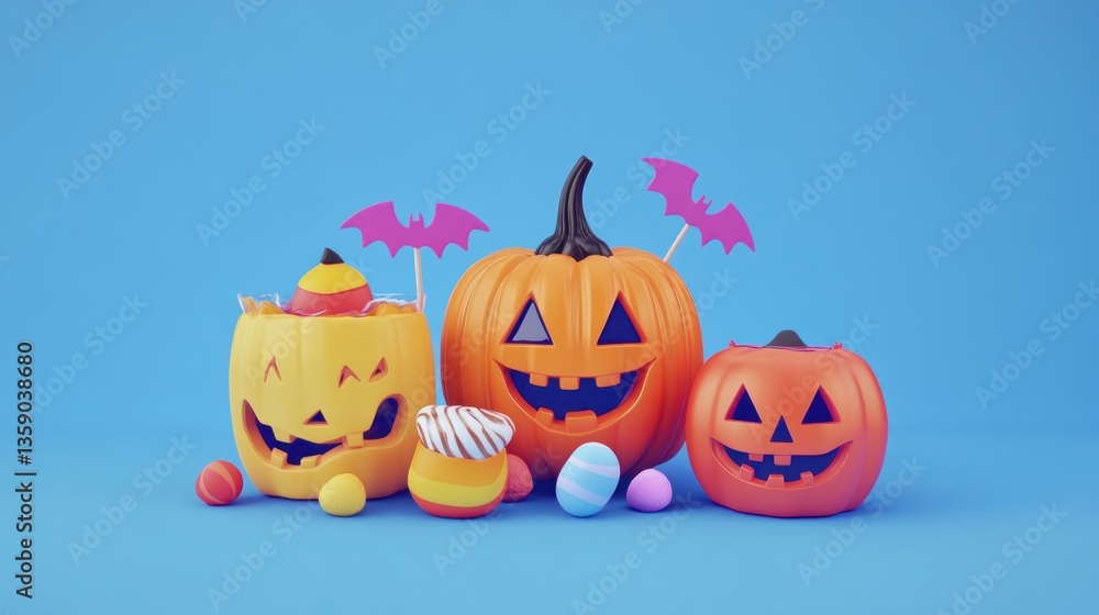 Fototapeta premium Halloween Pumpkins with Treats on Blue Background