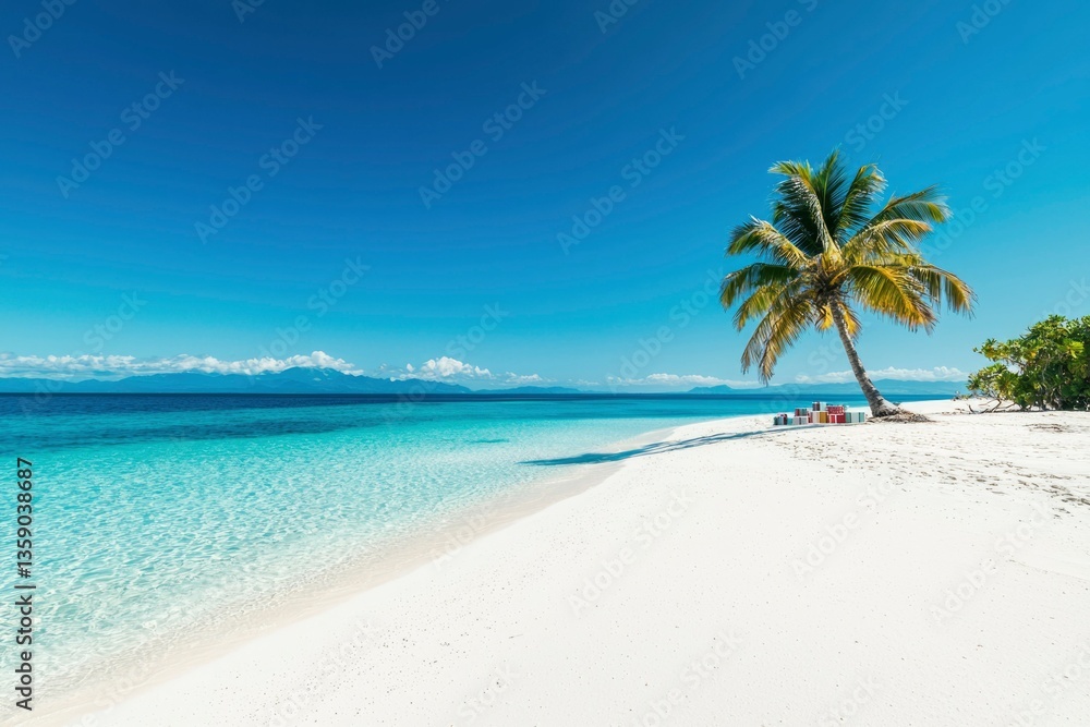 Obraz premium Tropical beach paradise with palm tree, clear turquoise water, for tourism ads