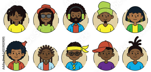 Avatars of black people in African-American fashion style