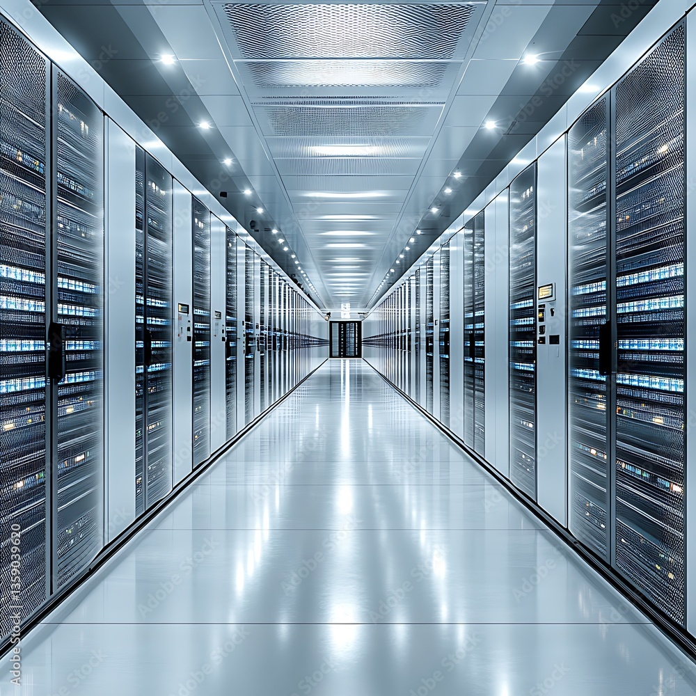 Fototapeta premium A long hallway with multiple rows of server racks in place