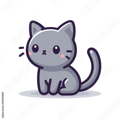 Cute grey kitten in sitting pose on light background. Perfect for pet adoption, children's content, or feline care educational materials.