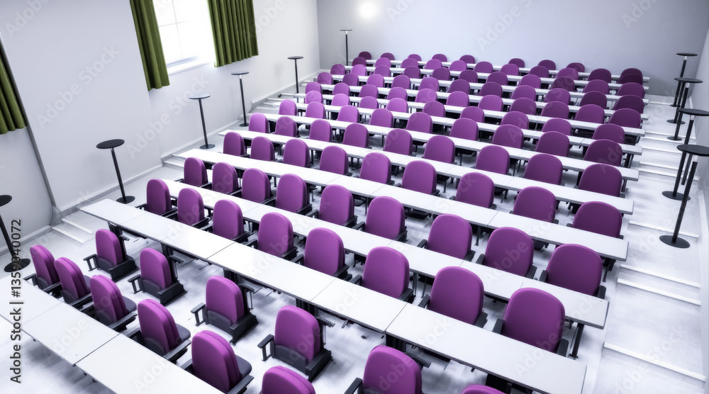 Obraz premium rows of purple chairs and white tables in a modern lecture hall