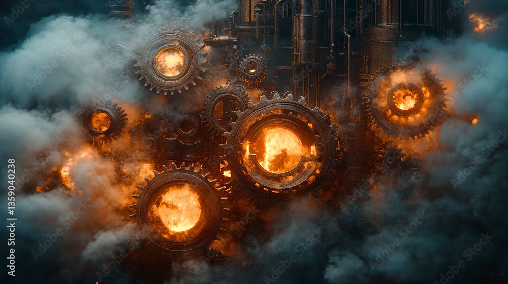 Naklejka premium Industrial scene of a steam-powered foundry casting molds glowing with liquid metal gears churning amidst clouds of steam and smoke. 